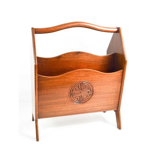 96 - A hardwood 1950s Chinese magazine rack, carved with Chinese symbol, 49cm high.