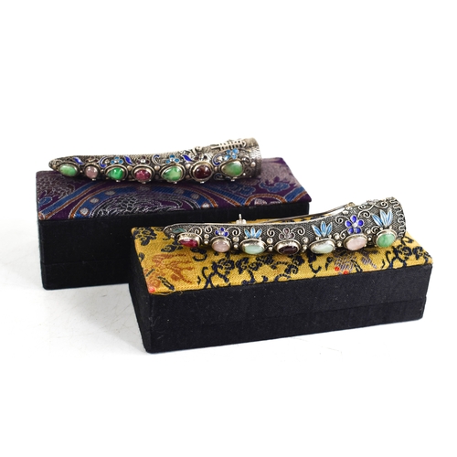 29A - Two Chinese filigree silver, enamel and semi precious stone set fingernail guard brooches, 7cm long.... 