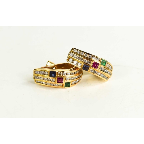 100 - A pair of gold, diamond, pink sapphire, blue sapphire and emerald earrings, unmarked but testing as ... 