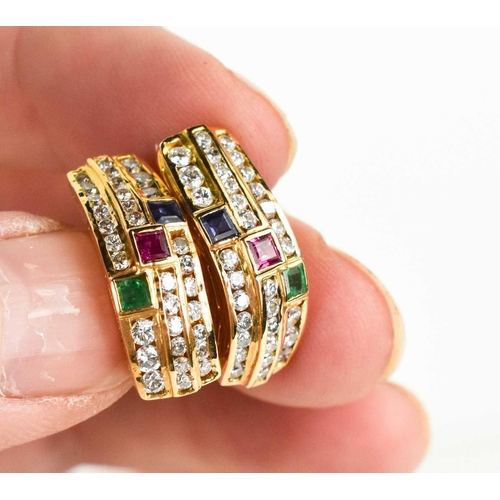 100 - A pair of gold, diamond, pink sapphire, blue sapphire and emerald earrings, unmarked but testing as ... 