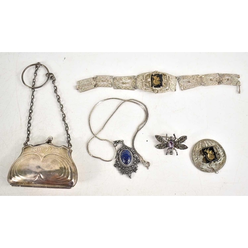 105 - An Edwardian silver coin purse together with a white metal and filigree bracelet, a silver and marca... 