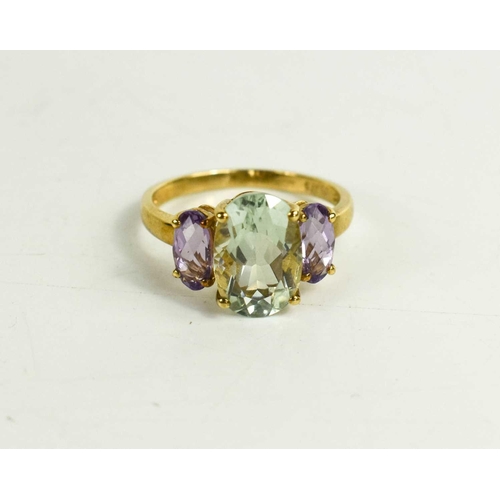 119 - A 9ct gold, prasiolite and amethyst ring, size Q, 3.04g.