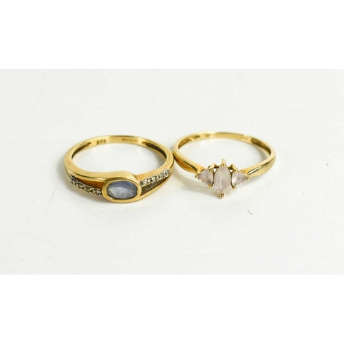 120 - Two 9ct gold rings, one set with rose quartz, the other with diamonds and quartz, both size O, total... 