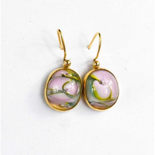 147 - A pair of 9ct gold Art Glass cabochon set drop earrings, pink and green swirls, 4.1g.