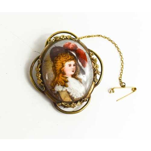 163 - A pinchbeck Victorian ceramic brooch, the oval plaque depicting portrait of a young woman, with safe... 