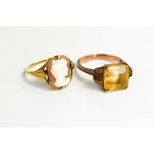 167 - A 9ct gold cameo ring, 1.9g, together with a gold and citrine ring, unmarked but testing as at least... 