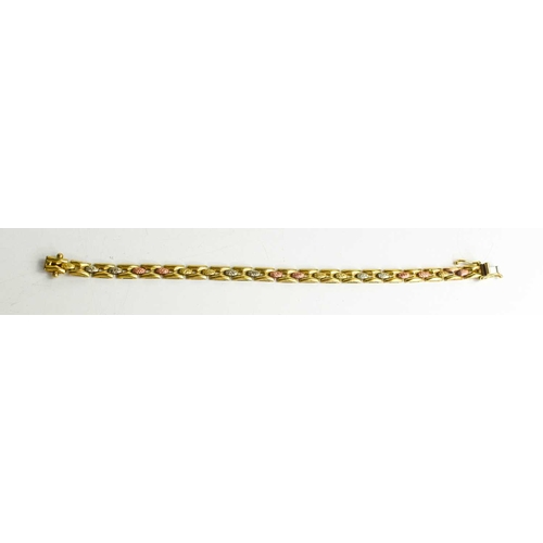 182 - A 9ct gold bracelet with matt yellow, white and rose gold oval segments to the centre, slide clasp w... 