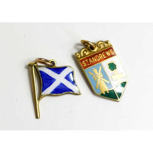 191 - Two 9ct gold and enamel charms; one in the form of the Scottish flag, the other a St Andrews crest, ... 