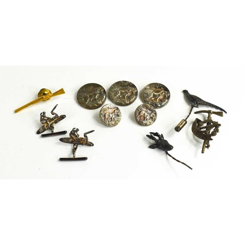 195 - Five silver buttons, all embossed with hunting dogs, a pair of silver cufflinks, a hat pin in the fo... 