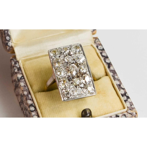 2 - An 18ct yellow gold and diamond ring, the rectangular platinum setting composed of fifteen old cut d... 