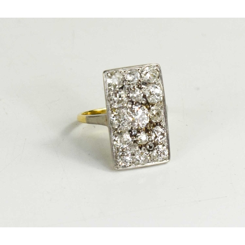 2 - An 18ct yellow gold and diamond ring, the rectangular platinum setting composed of fifteen old cut d... 