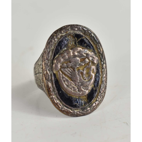 209 - A 19th century silver and enamel signet ring with swan crest, size J.