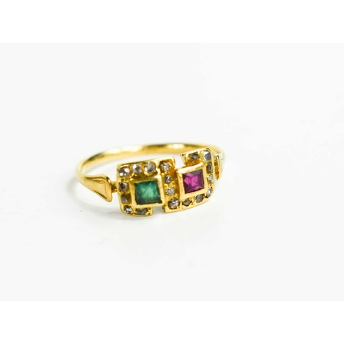 218 - A 19th century 18ct gold, diamond, emerald and pink sapphire ring, the square cut emerald and pink s... 