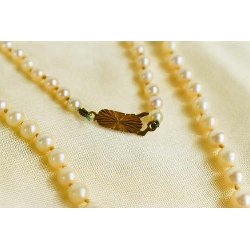 219 - A pearl and 9ct gold necklace, the graduated cultured pearls with 9ct gold hook clasp, retailed by E... 