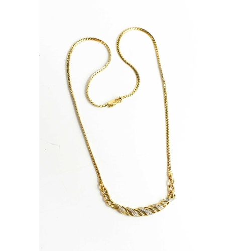 223 - A 9ct gold necklace, set with diamonds in a graduated spiral, with flat link chain and slide clasp w... 