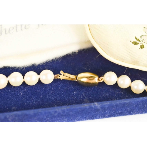 238 - A pearl and 9ct gold necklace, by Phoenix Far East Pearls Ltd, with barrel and slide 9ct gold clasp,... 