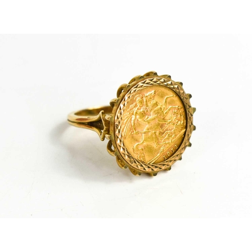 255 - A 1911 gold half sovereign set ring, in a basket form setting, size N, 9.64g.