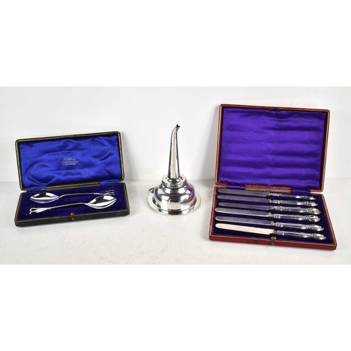 267 - A set of Victorian silver handled tea knives together with Georgian silver plated wine funnel and a ... 