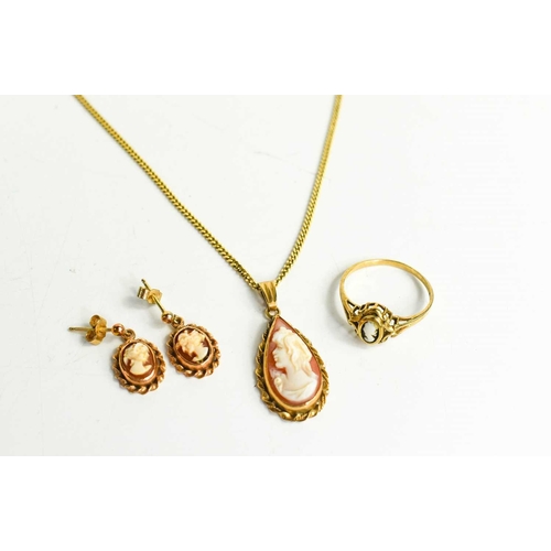 276 - A 9ct gold and cameo suite of jewellery to include ring, pendant necklace and pair of drop earrings,... 