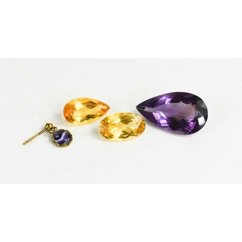 277 - A pear cut amethyst, oval and pair cut citrine, and a small 9ct gold Blue John set stud earring.