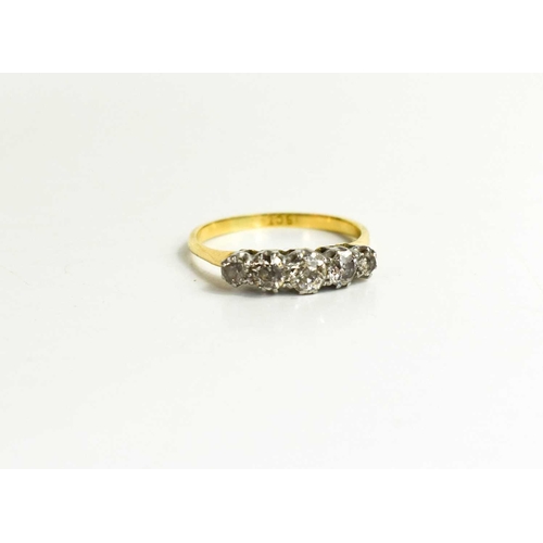 290 - An 18ct gold and diamond five stone ring, the old cut diamonds totalling approximately 0.85cts, size... 