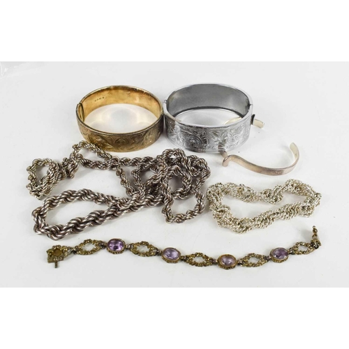 291 - A large silver ropetwist necklace and bangle, a silver (830 grade) and amethyst set bracelet, a mode... 