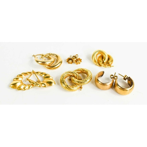 292 - Five pairs of 9ct gold hoop form earrings, of various design, together with a pair of 9ct gold stud ... 