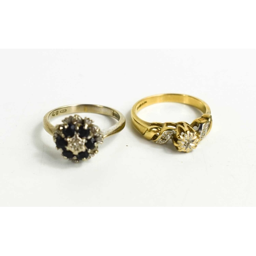 296 - Two 9ct gold rings; one of cluster form set with diamonds and sapphires circa 1970, the other set wi... 