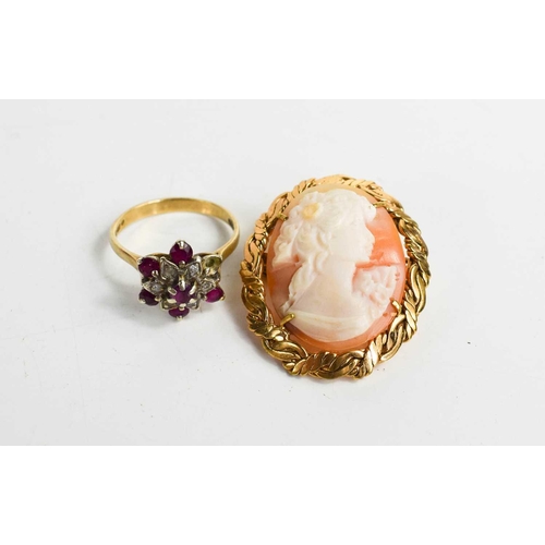 297 - A 9ct gold, diamond and pink sapphire cluster ring, size O, 3.05g, together with a cameo brooch in g... 