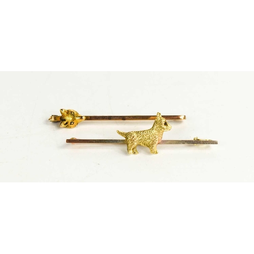 308 - Two 9ct gold tie pins, one modelled with a Scottie dog, the other with a fox head, 6g total.