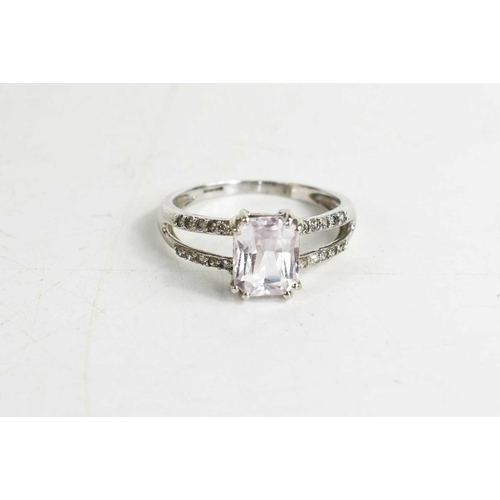 311 - A 9ct white gold and light pink kunzite and diamond ring, the rectangular cut kunzite set on V-form ... 