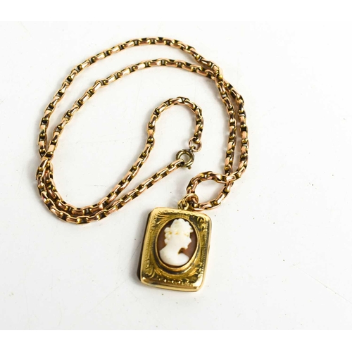 321 - A 9ct gold cameo locket pendant, together with a gold associated chain link necklace, unmarked but t... 