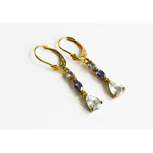 338 - A pair of 9ct gold pendant earrings, comprising amethyst and pale blue topaz, 2.22g.