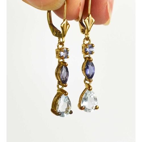 338 - A pair of 9ct gold pendant earrings, comprising amethyst and pale blue topaz, 2.22g.