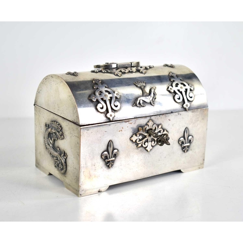 358a - A late 19th century French silver plated casket, silk lined, the casket decorated with the heraldic ... 