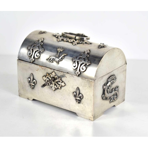 358a - A late 19th century French silver plated casket, silk lined, the casket decorated with the heraldic ... 