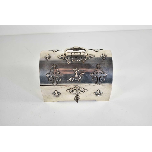 358a - A late 19th century French silver plated casket, silk lined, the casket decorated with the heraldic ... 