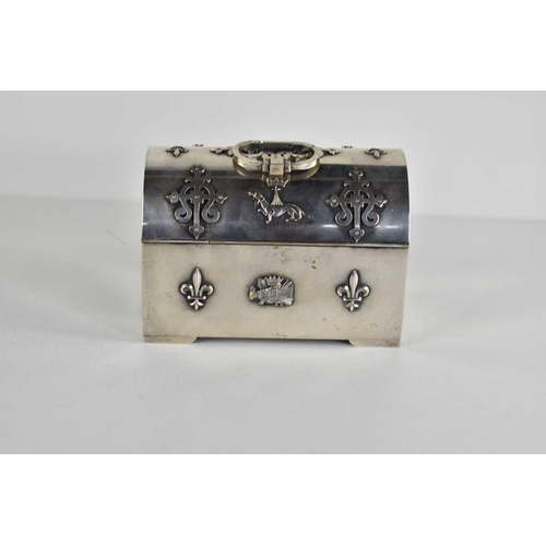 358a - A late 19th century French silver plated casket, silk lined, the casket decorated with the heraldic ... 