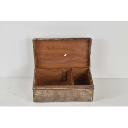 358 - A silver cigarette box of rectangular form, cedar lined, 16cm by 9cm by 7cm high, hallmarks worn.