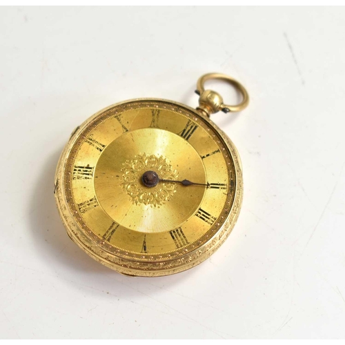 372 - An 18ct gold ladies pocket watch, Roman numeral dial, the back engraved with foliate decoration.