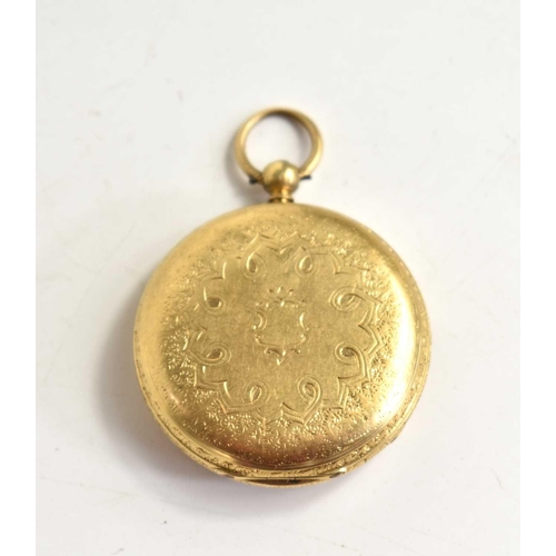 372 - An 18ct gold ladies pocket watch, Roman numeral dial, the back engraved with foliate decoration.