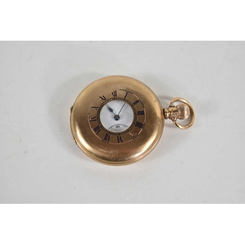 386a - A 9ct gold half hunter pocket watch, white enamel dial with Roman numerals, with subsidiary seconds ... 