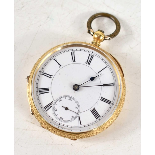 386 - A late 19th century 18ct gold ladies pocket watch, white enamel dial, Roman numerals, and subsidiary... 