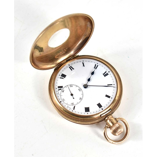 386a - A 9ct gold half hunter pocket watch, white enamel dial with Roman numerals, with subsidiary seconds ... 