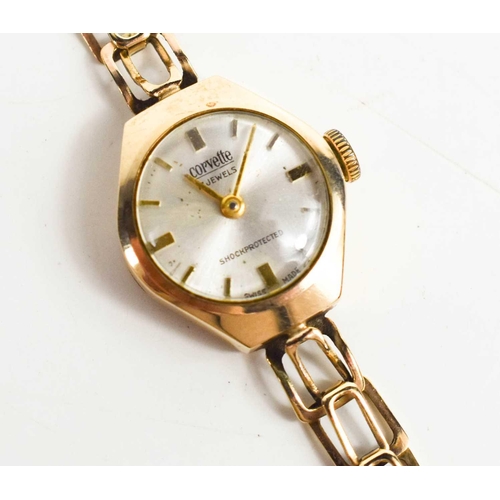 389 - A 9ct gold Corvette ladies wristwatch with a 9ct gold chain link strap and folding clasp, 10.45g.