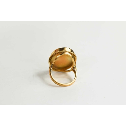 50 - A 9ct gold & cameo ring, depicting a female profile portrait in an oval setting, size N, 6.6g.