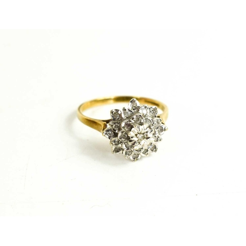 72 - A 9ct gold and diamond cluster ring of flowerhead form, set with brilliant cut diamonds, size R, 3.2... 