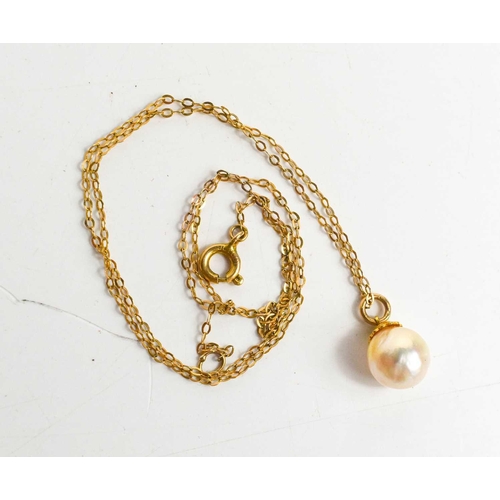 95 - A 9ct gold and pearl pendant necklace, the single pearl approximately 8mm diameter, 2g total.