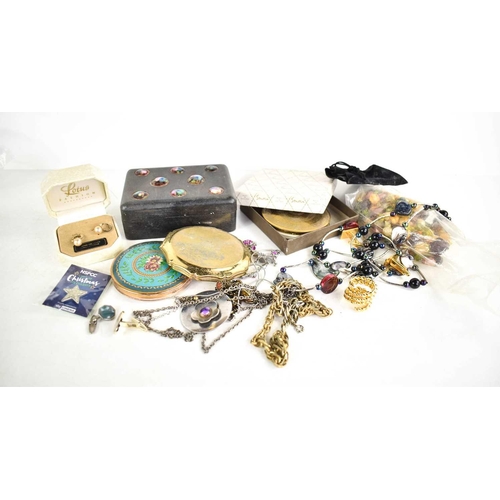 142 - A selection of jewellery and collectables to include necklaces, three compacts including a boxed Str... 