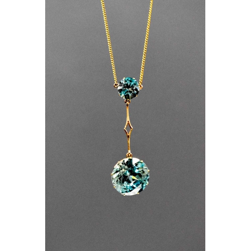 152 - A 9ct gold and blue zircon pendant necklace, the pale blue brilliant cut zircons; 15mm and 8mm diame... 